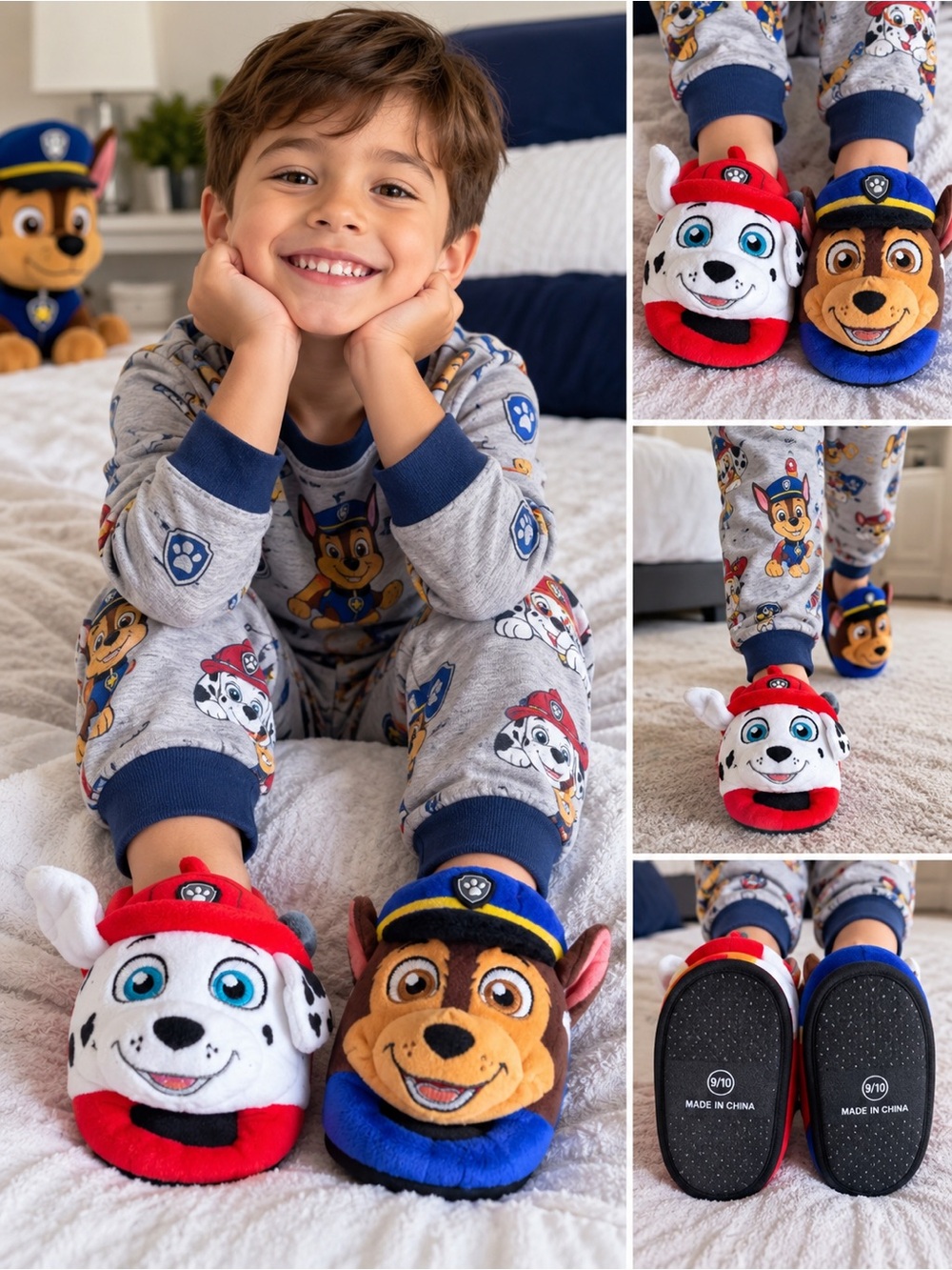 Paw Patrol Chase & Marshall Boys Plush Slippers Size 9/10 NEW